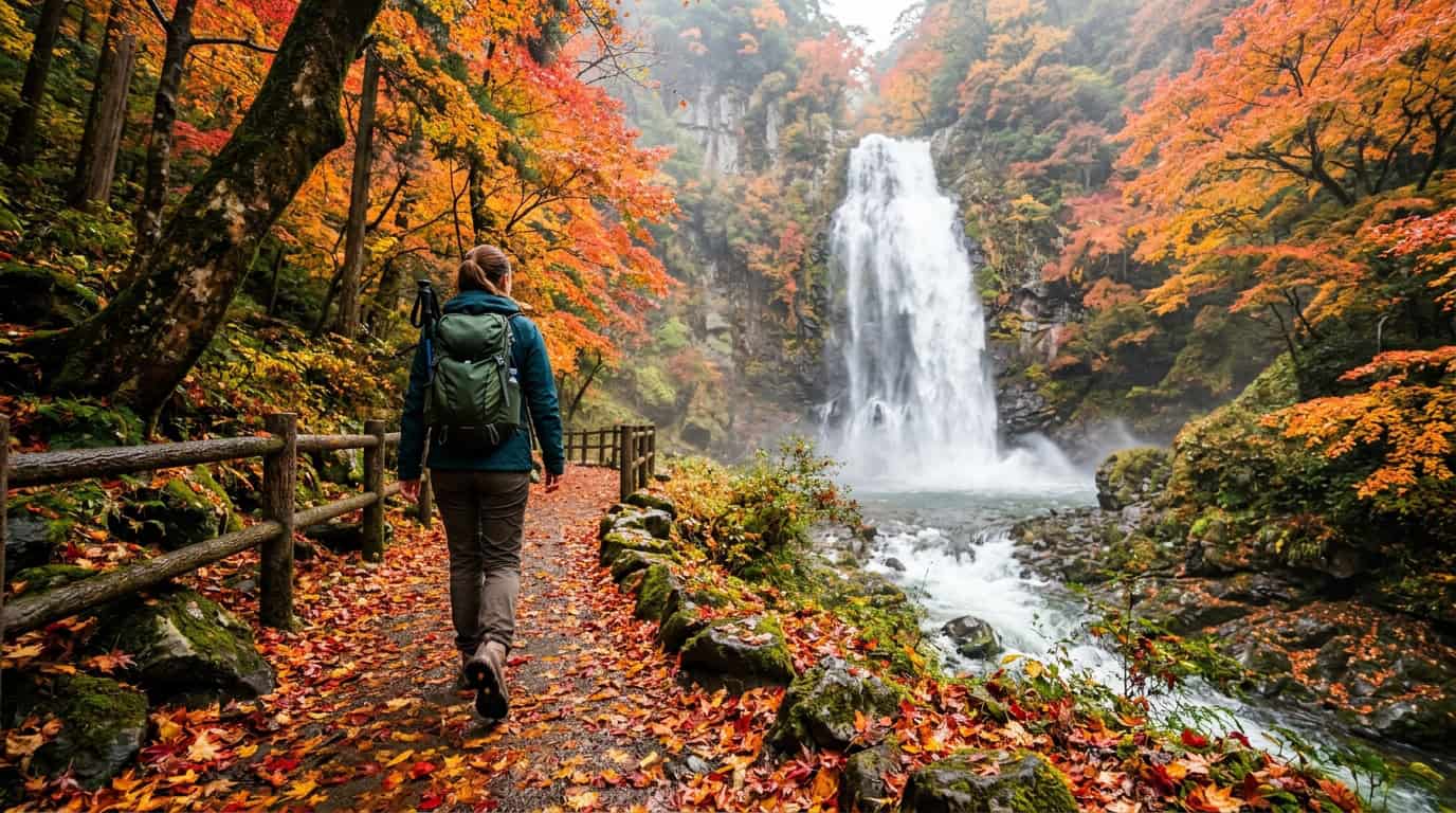A hiker walking along a vibrant autumn-leaf-covered path leading to