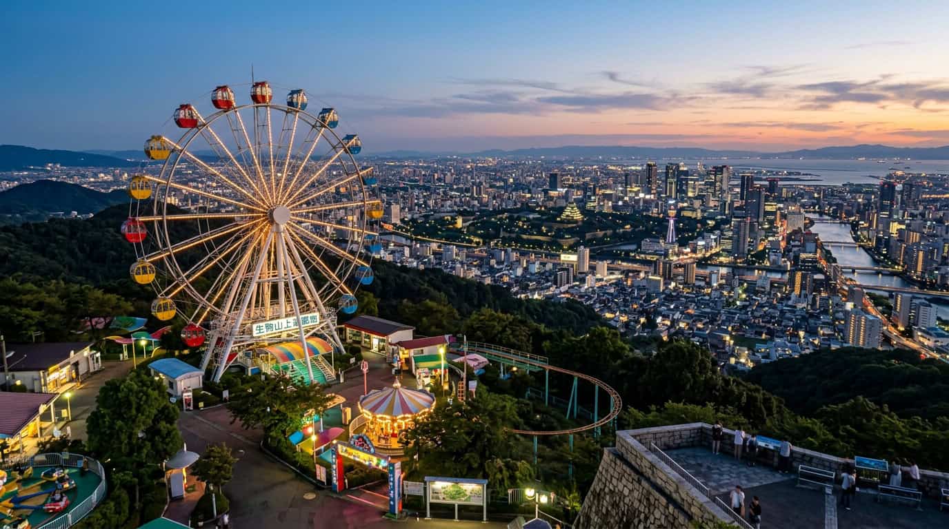 A wide-angle shot of the vintage Ferris wheel at Ikoma