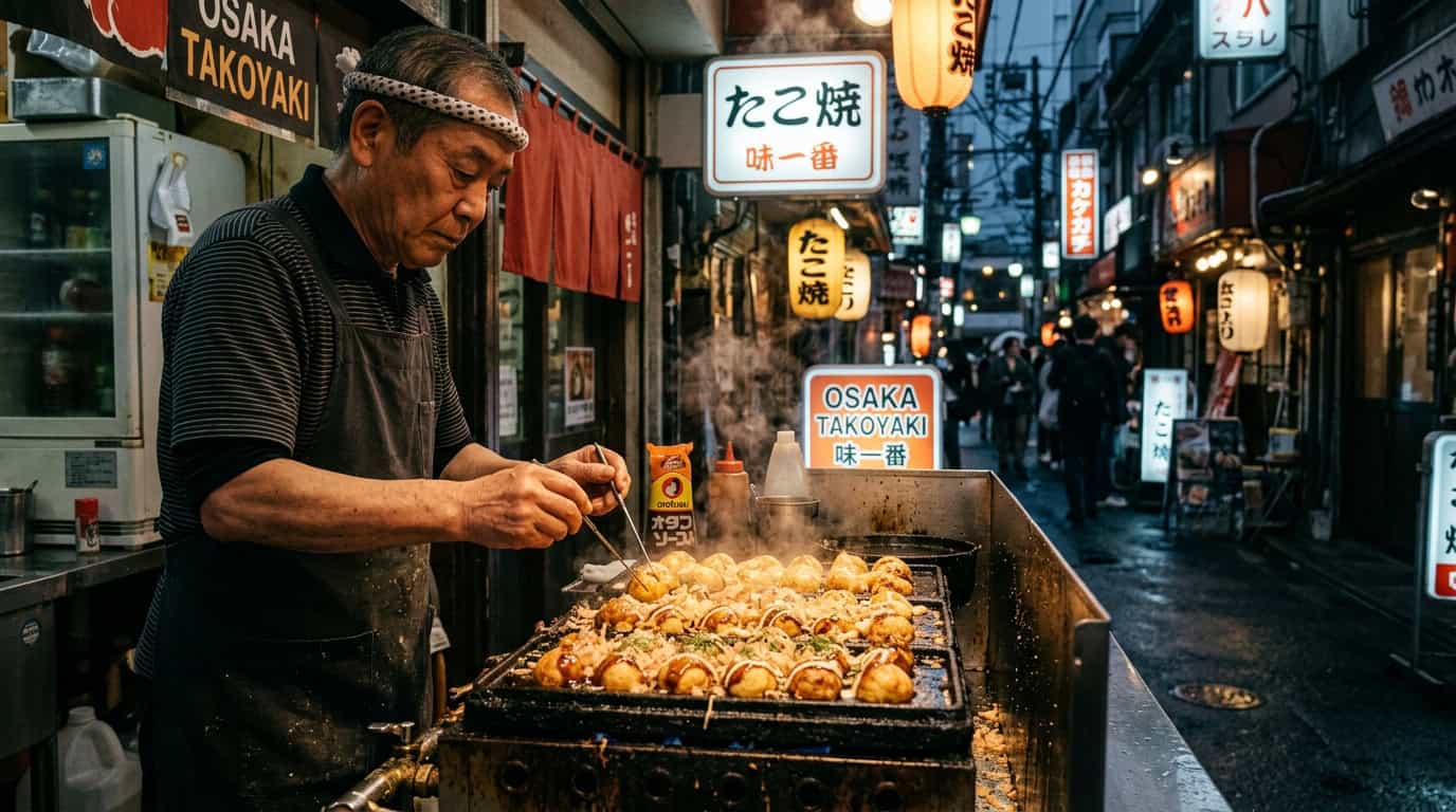A steaming iron griddle covered in golden-brown takoyaki balls, with