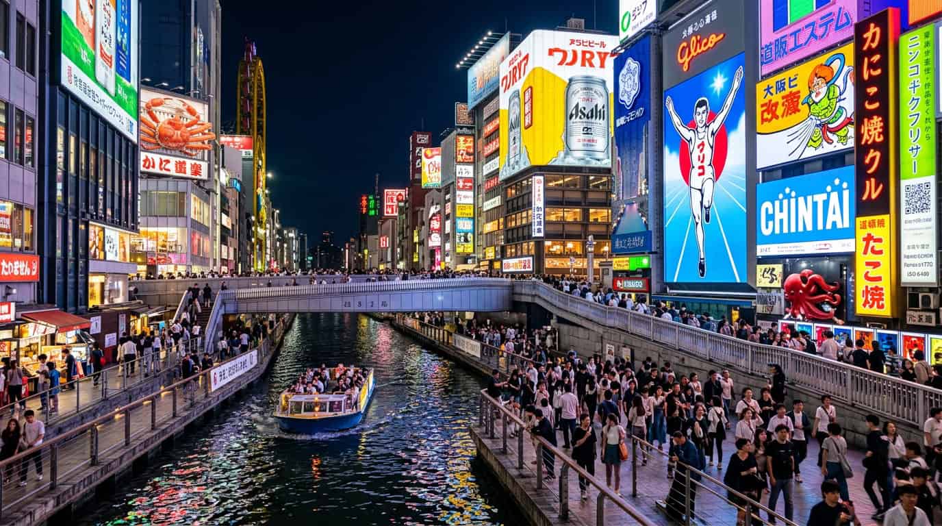 A vibrant night scene in Dotonbori featuring massive illuminated signs