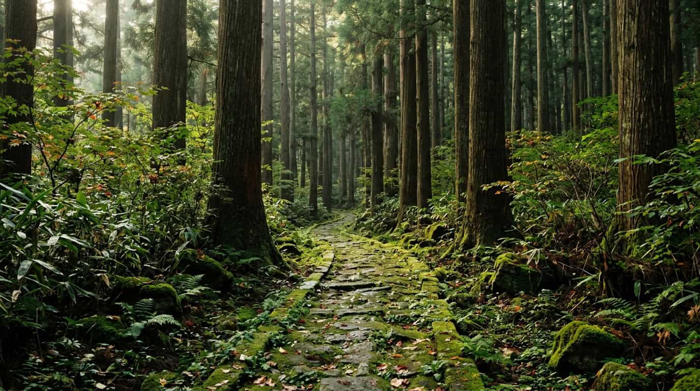 A calm, mossy stone path leading into a dense Japanese