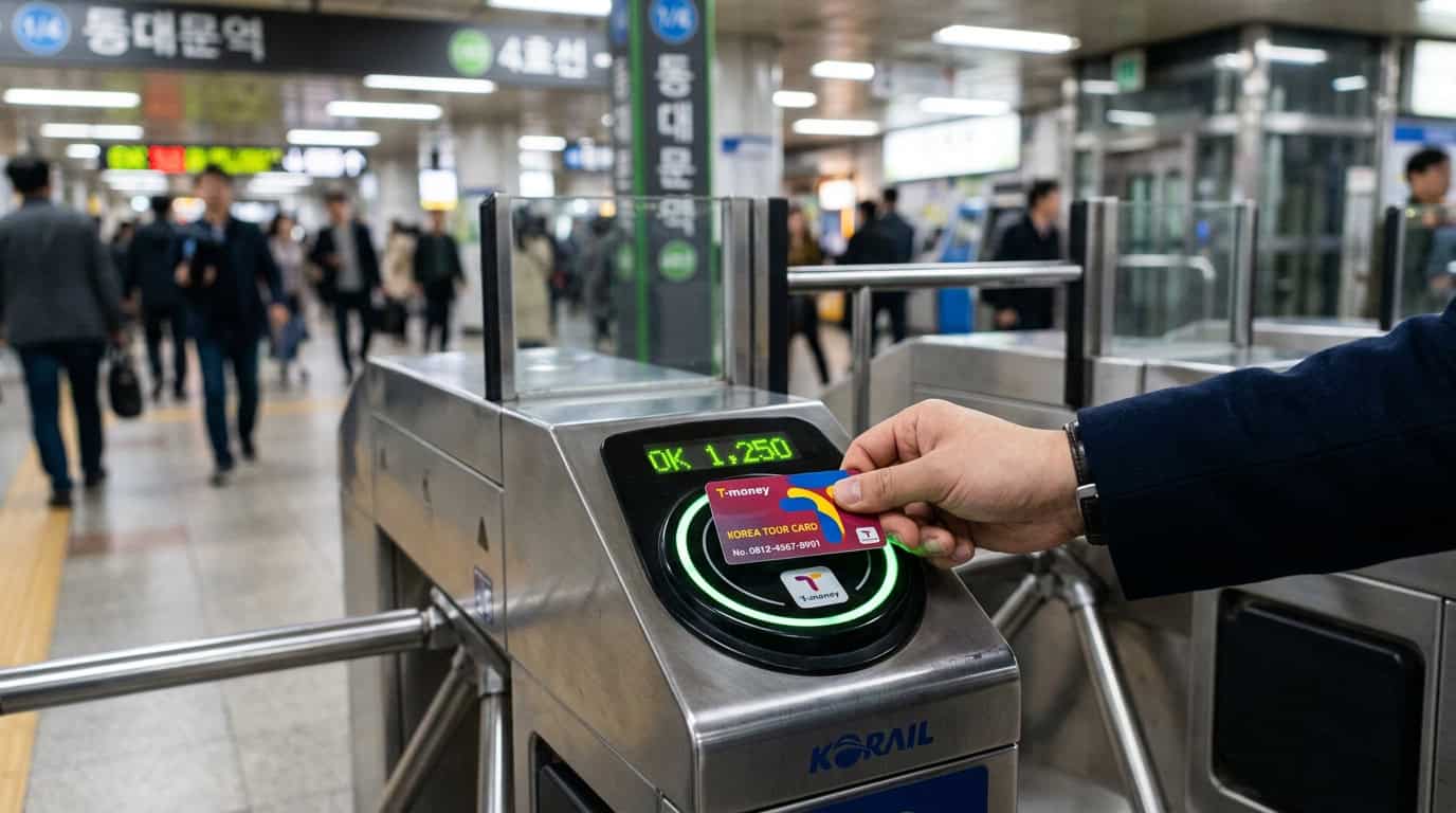 A close-up shot of a brightly colored T-money card being