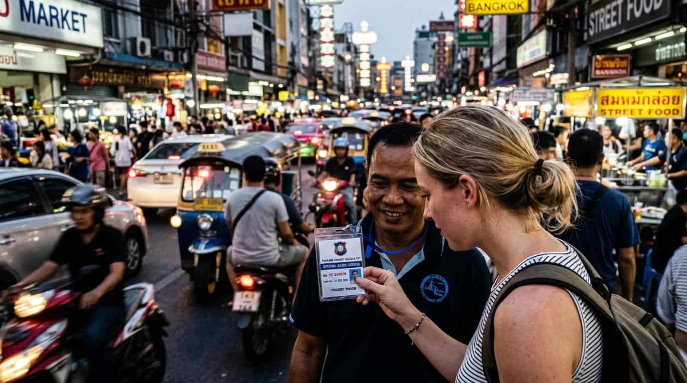 A close-up, high-contrast shot of a tourist inspecting an official