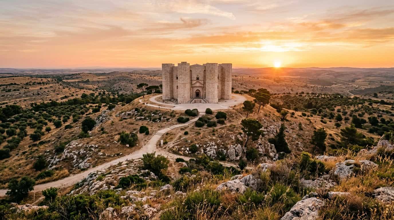 A wide-angle view of Castel del Monte at sunrise, highlighting