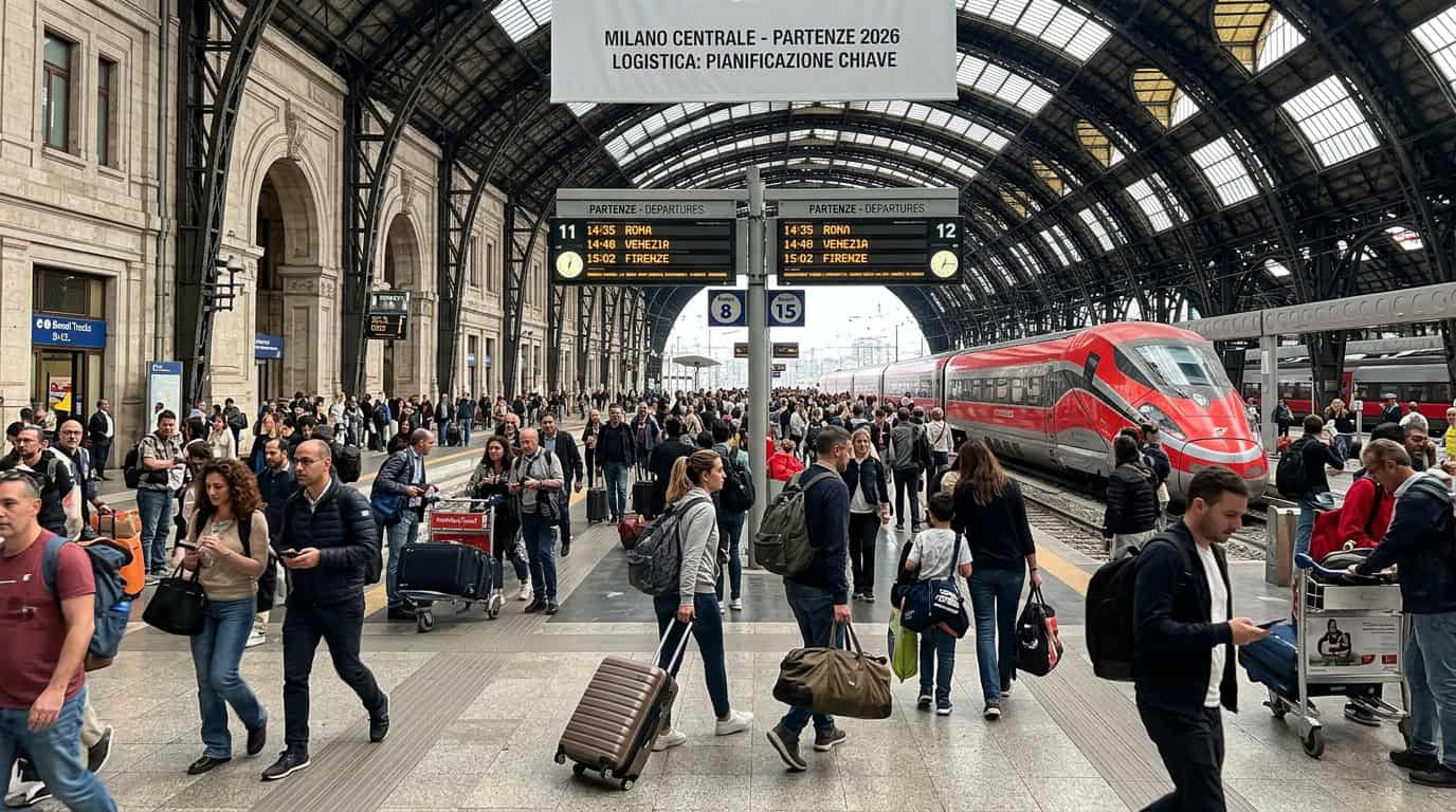 A busy Italian train station with travelers carrying luggage, symbolizing