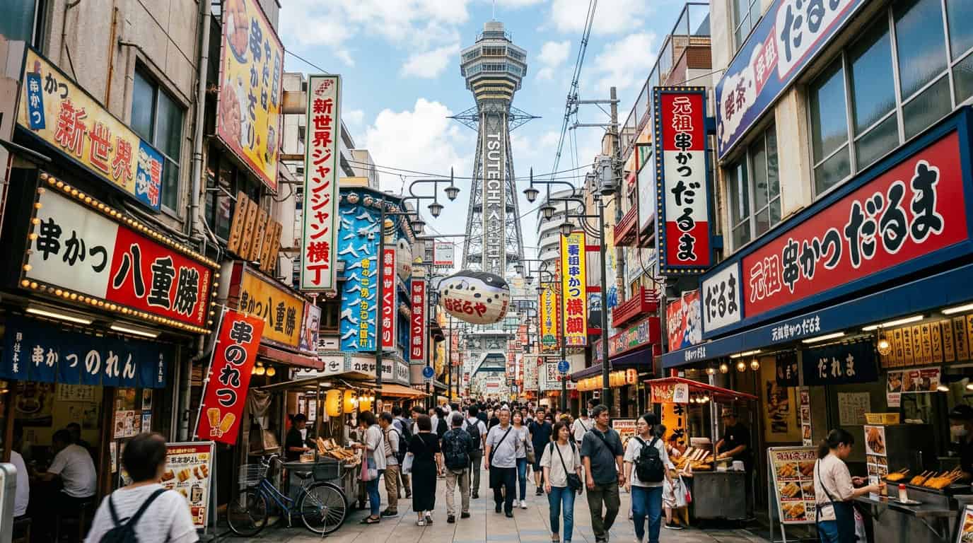 A bustling, retro-styled street in Shinsekai at midday, featuring the