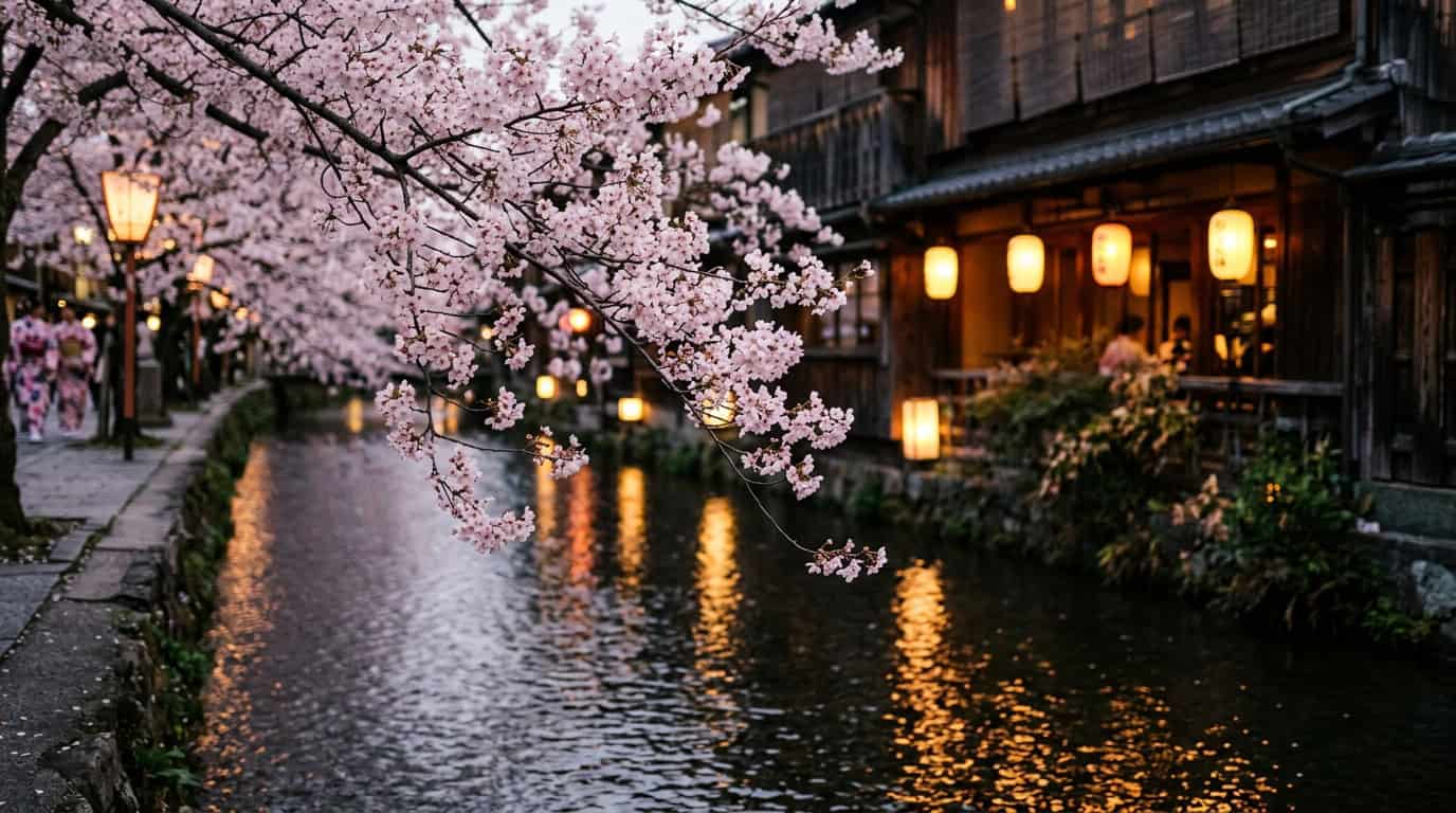 A serene, close-up shot of light-pink cherry blossoms hanging over