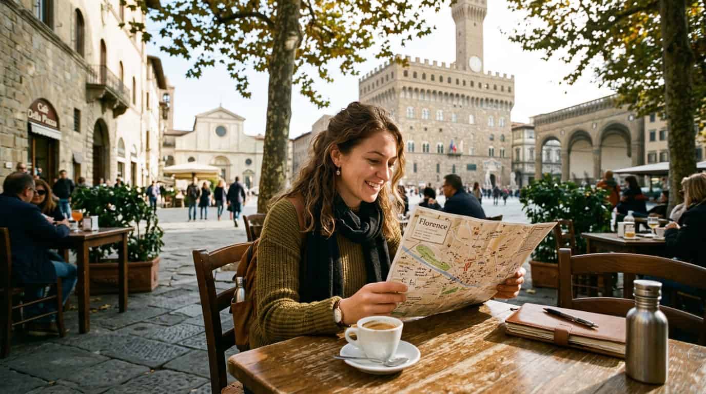 A solo traveler sitting at a wooden café table in