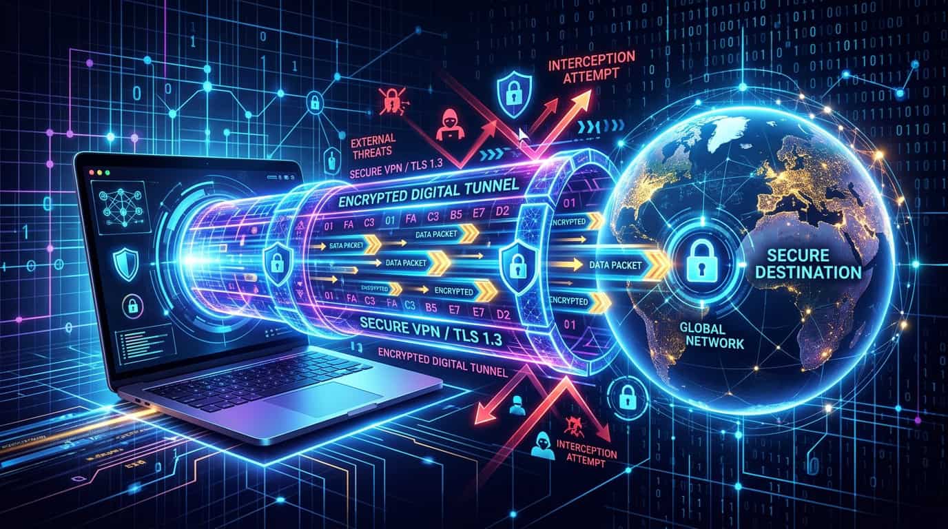 A conceptual illustration of an encrypted digital tunnel protecting data