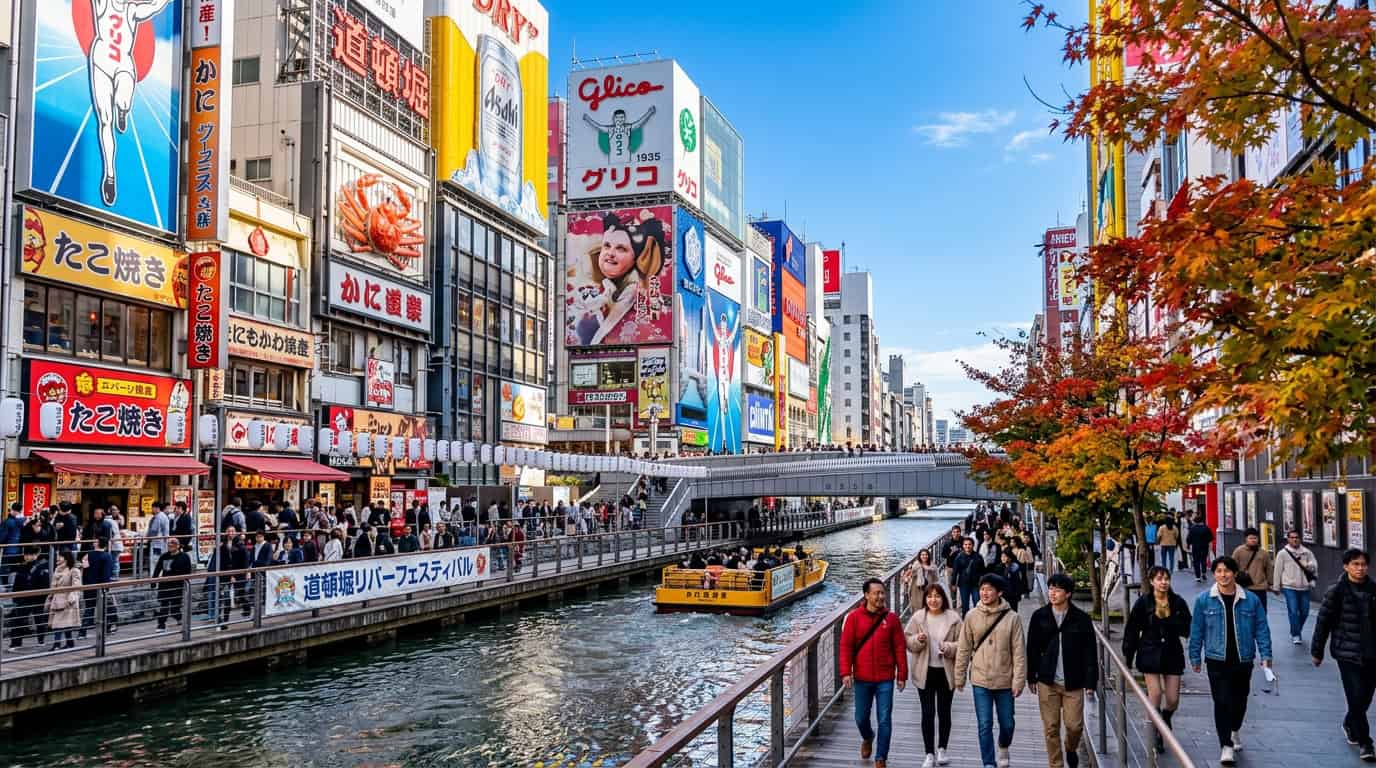 A vibrant, sun-drenched view of the Dotonbori canal area in