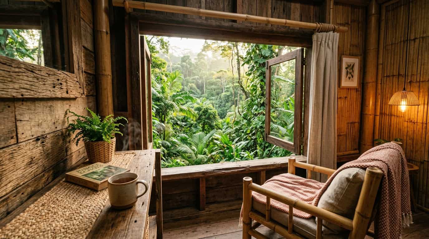 A close-up, warm-toned photograph of an eco-lodge interior, highlighting rustic,