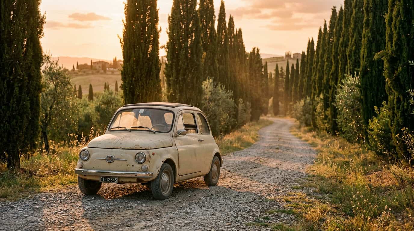 A dusty, vintage Fiat 500 parked on a gravel path