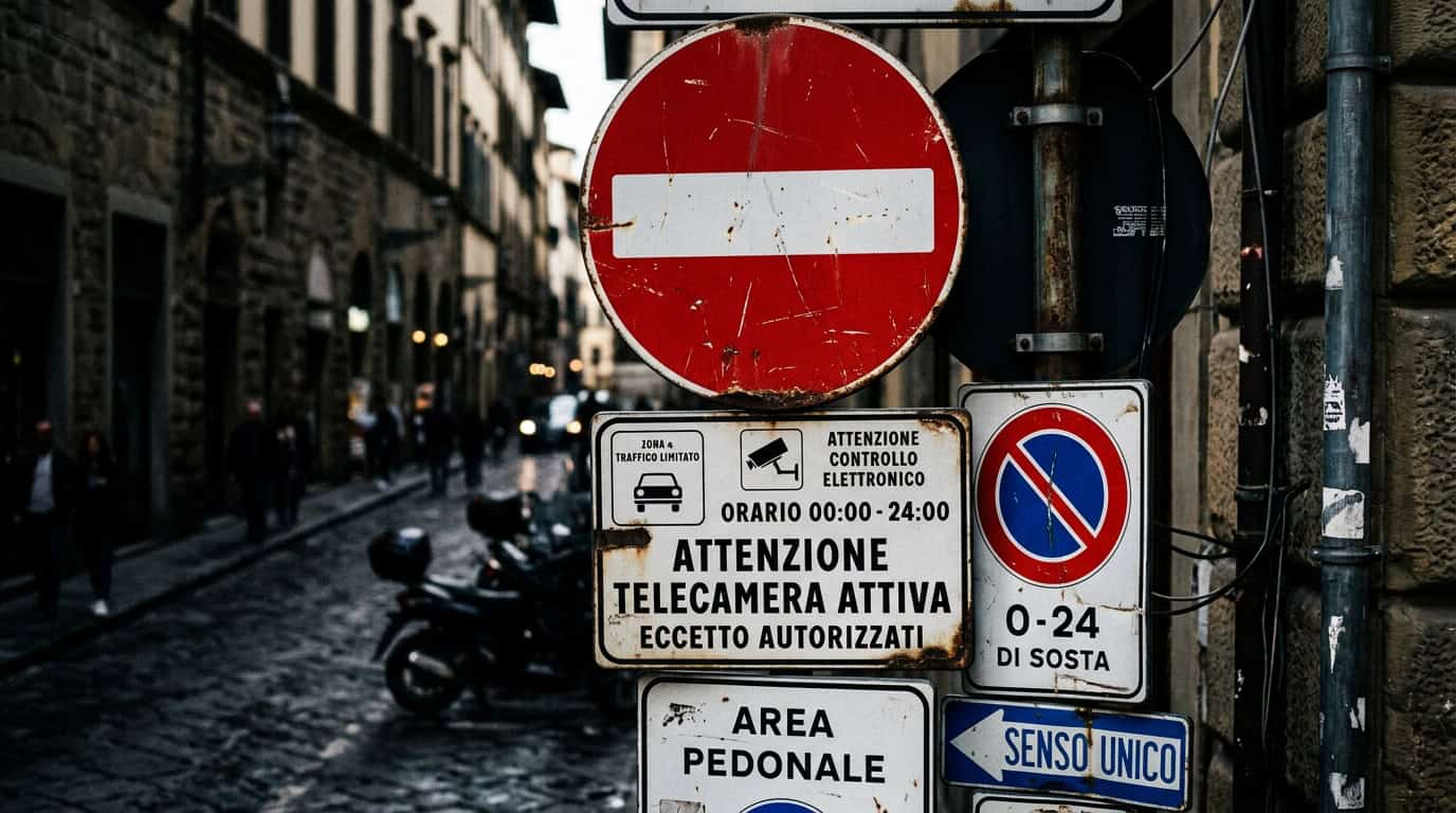 A close-up, high-contrast shot of various road signs including the