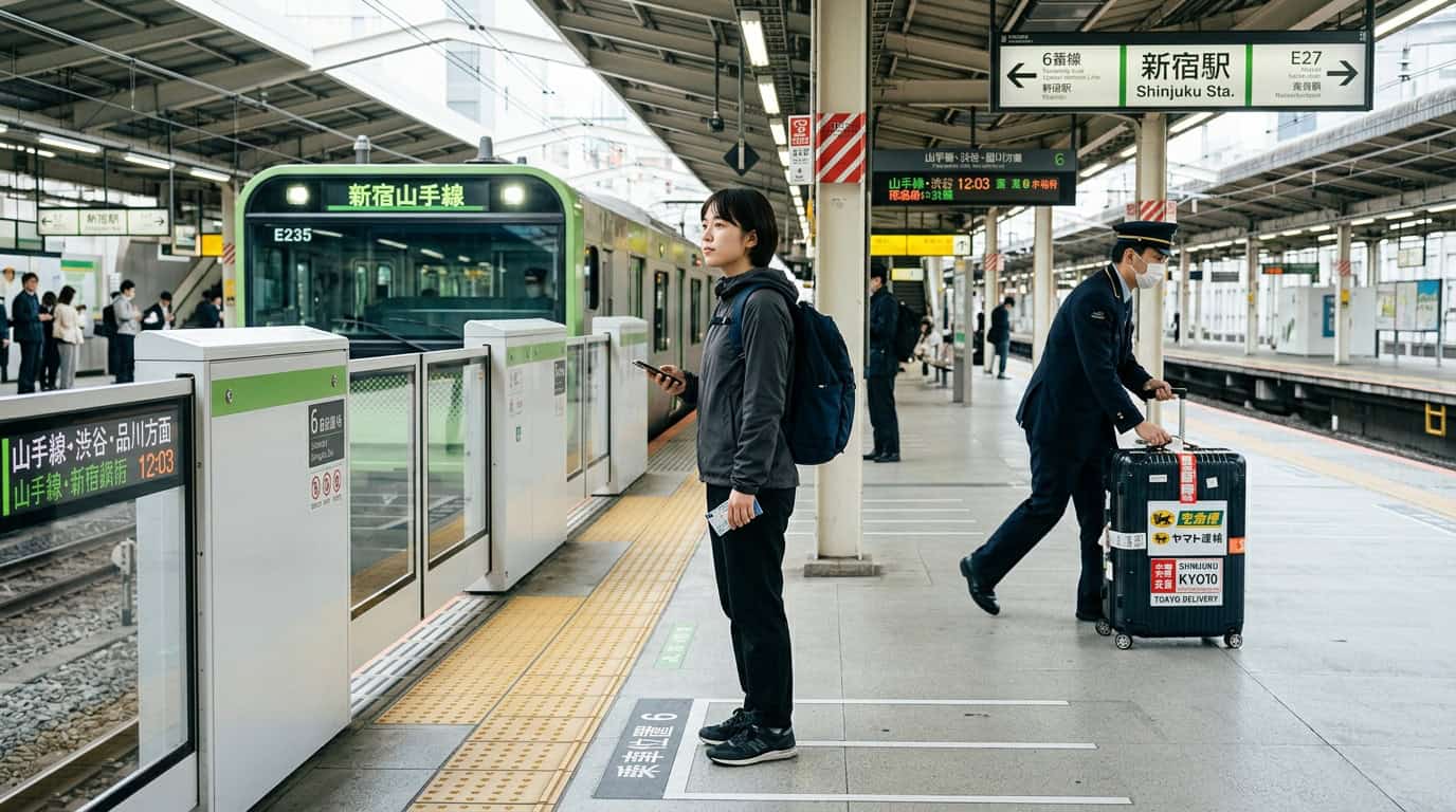 A minimalist traveler standing on a clean Tokyo train platform