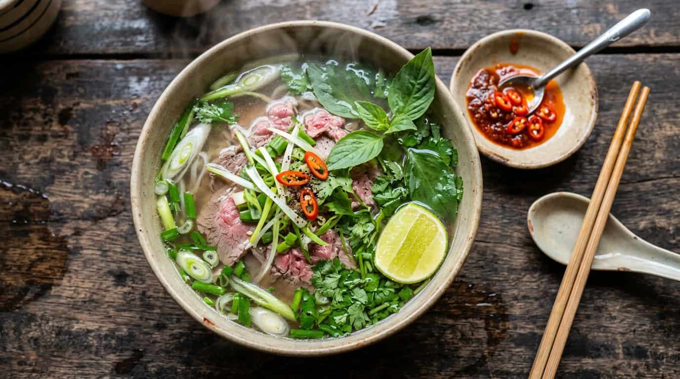 A close-up, high-angle shot of a steaming bowl of clear