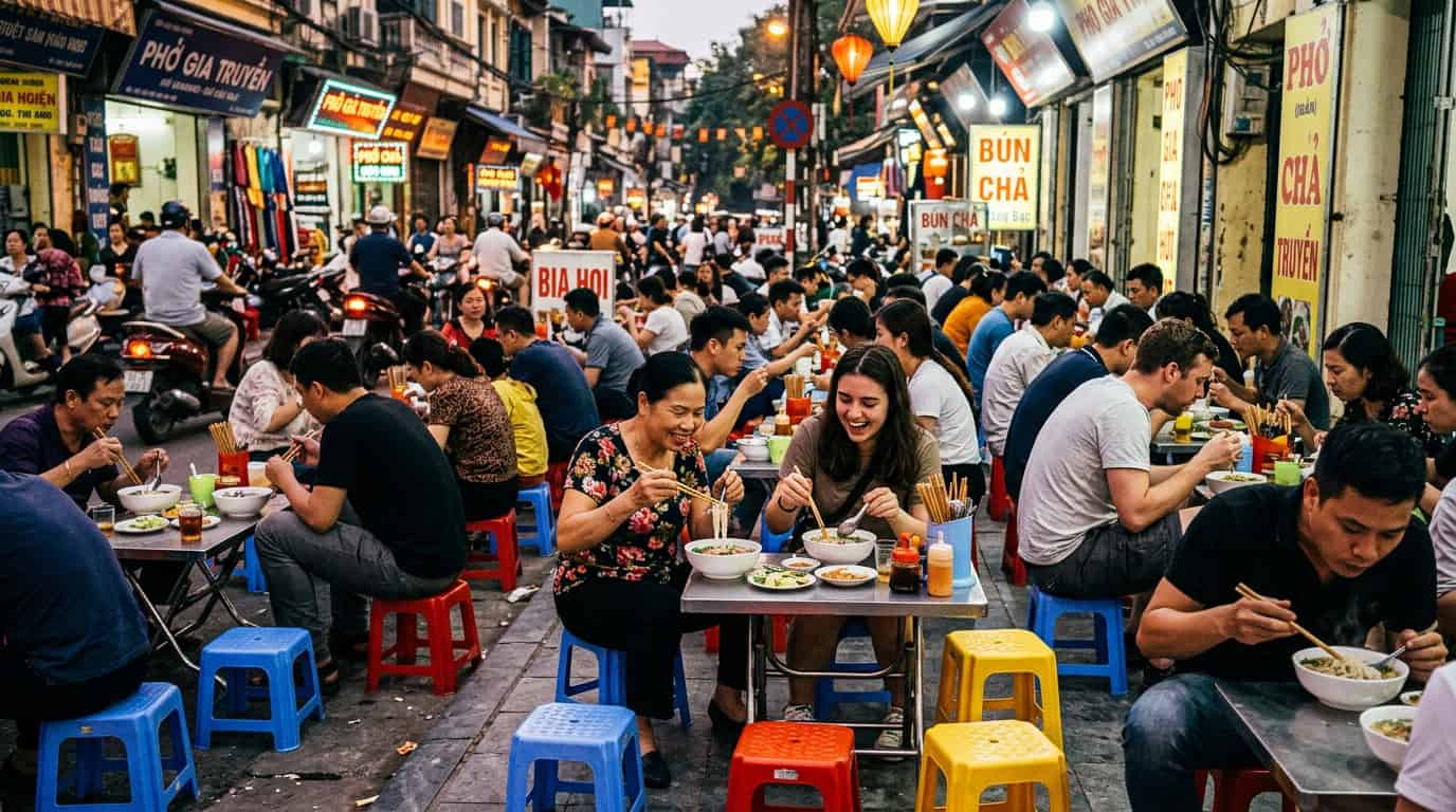 A crowded sidewalk scene in the Old Quarter with locals